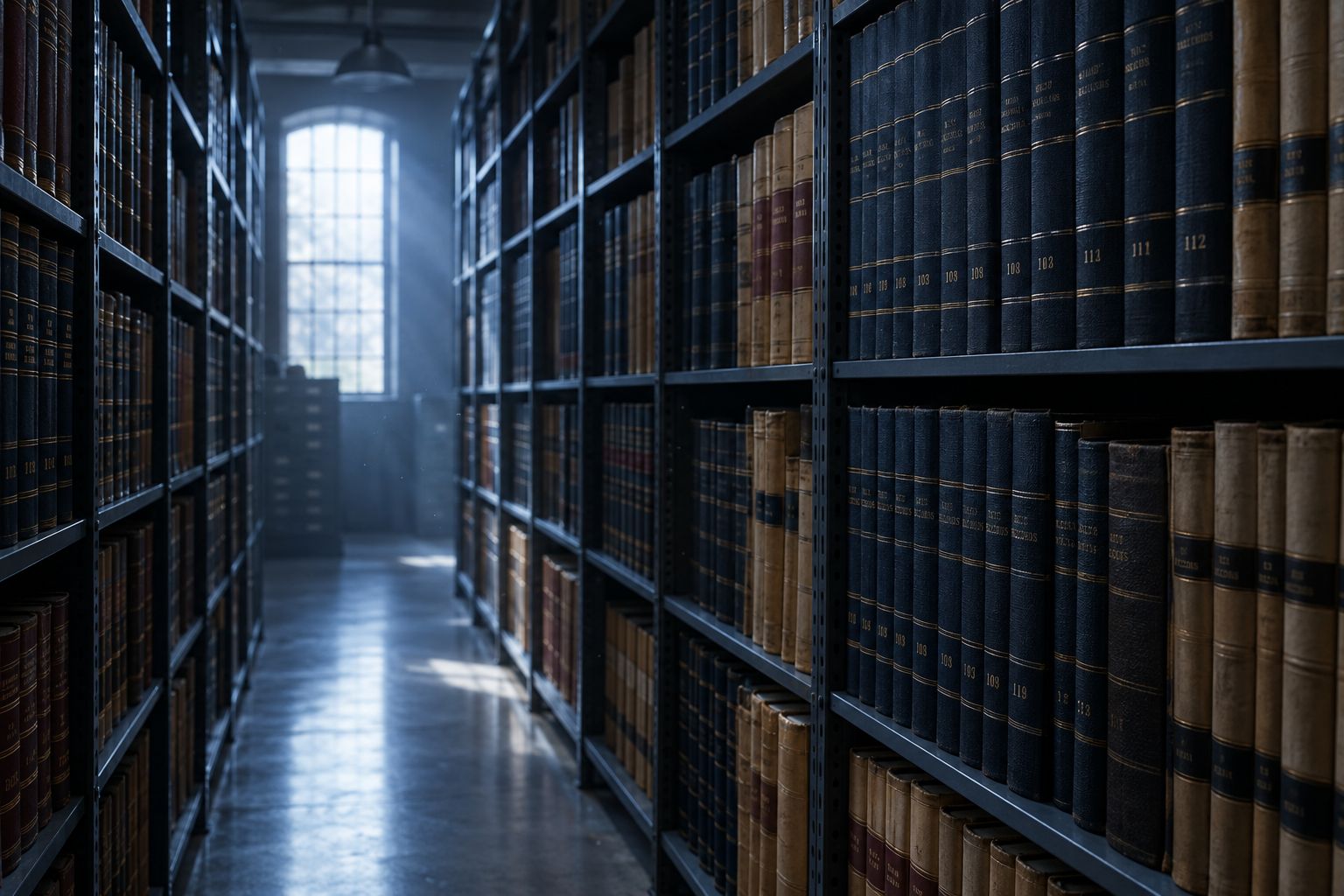 Rows of bound county land record books in a records vault